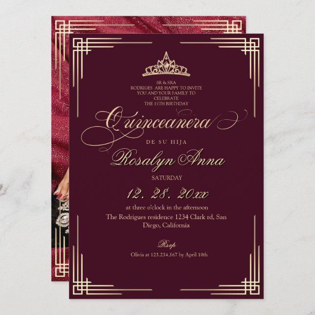 Convite Elegante Burgundy Princesa Quinceañera  (Frente/Verso)
