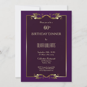 Convite Elegante Burgundy Purple Dourado 60º Janto de Aniv