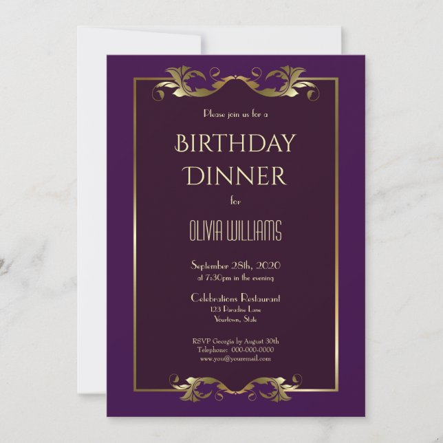 Convite Elegante Burgundy Purple Dourado Birthday (Frente)