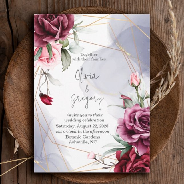 Convite Elegante Burgundy Rosa vermelha Watercolor (#Romance #redroses #weddinginvitation #FloralRomance #romanticburgundy #Blush #elegantinvitation)