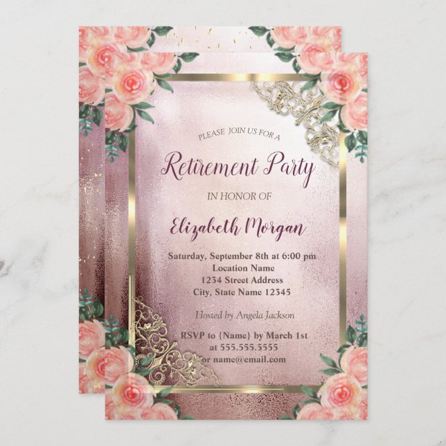 Convite Elegante Burgundy Rosas com Baixa Dourada de Quadr (Frente/Verso)