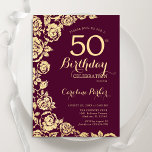 Convite Elegante Burgundy, Rosas Dourados 50º Aniversário<br><div class="desc">Convite de aniversário floral de ouro roxo 50º. Design elegante com rosas, folha de ouro falsa e letra de script de tipografia. A Trendy convida o cartão perfeito para uma festa de na moda. Pode ser personalizado para qualquer idade. Impressos convites Zazzle ou modelo de impressão digital instantânea para download....</div>