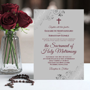 Convite Elegante Burgundy sobre Casamento Moderno Católico