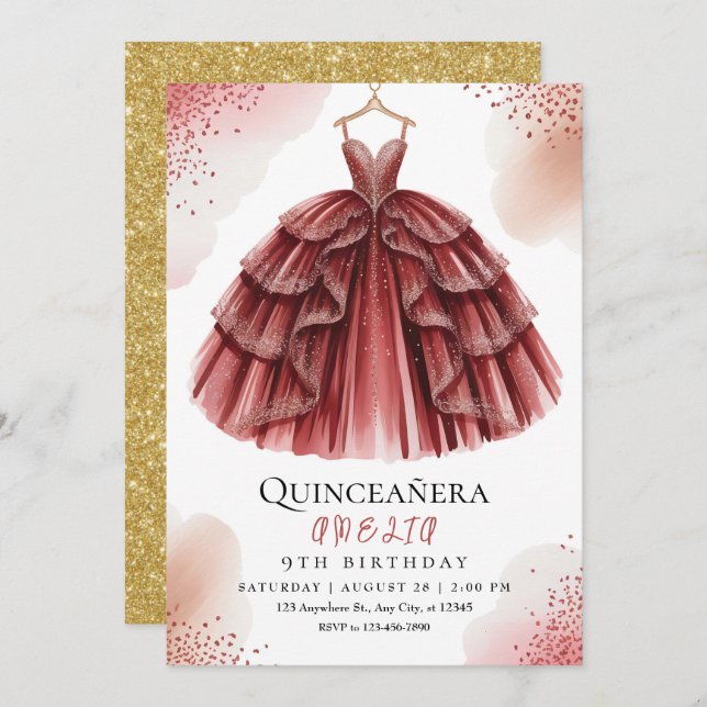 Convite Elegante Burgundy Sweet 15 (Frente/Verso)