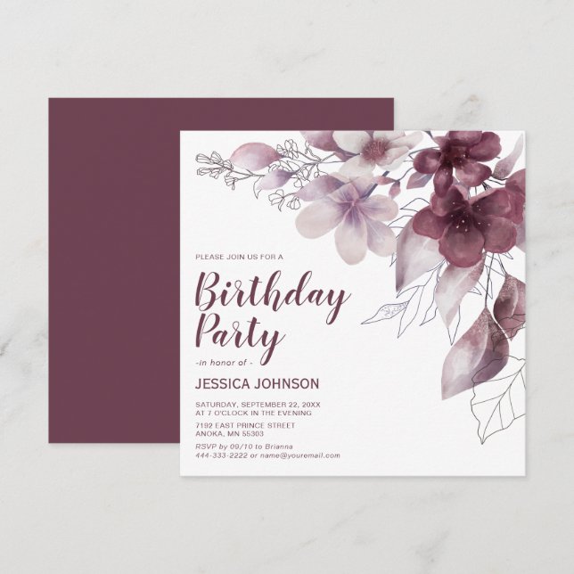 Convite Elegante Burgundy Watercolor Floral Birth (Frente/Verso)