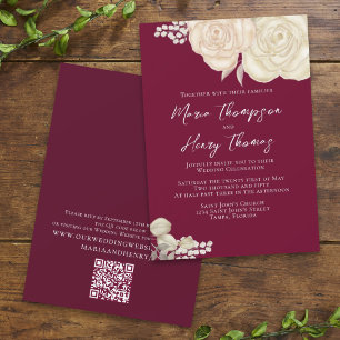 Convite Elegante Burgundy Watercolor Ivory Floral Código Q