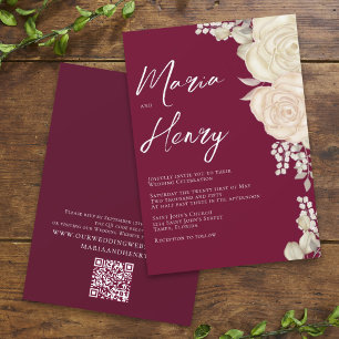 Convite Elegante Burgundy Watercolor Ivory Floral Código Q