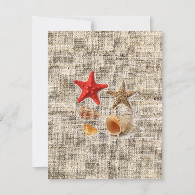 Convite elegante burlap conchas do mar casamento na praia (Frente)