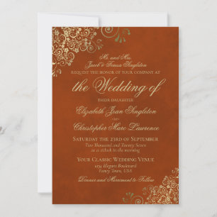 Convite Elegante Burnt ou Rust Orange e Dourado Casamento 