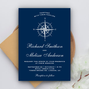 Convite Elegante Bússola Náutica Azul Marinho Branco Casam
