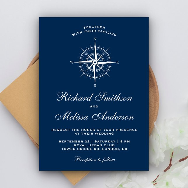 Convite Elegante Bússola Náutica Azul Marinho Branco Casam (Criador carregado)