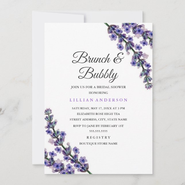 Convite Elegante Café da Manhã com Lavanda e Champanhe par (Frente)
