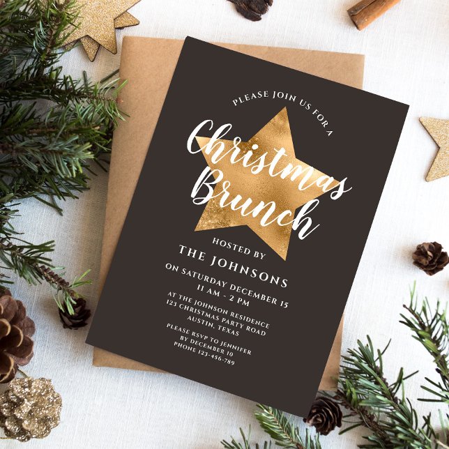 Convite Elegante Café da Manhã de Natal com Estrela Dourad (Elegant Brown Gold Star Christmas Brunch Invitation)