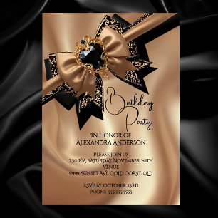 Convite Elegante Café de Aniversário Dourado Laço Brocado 