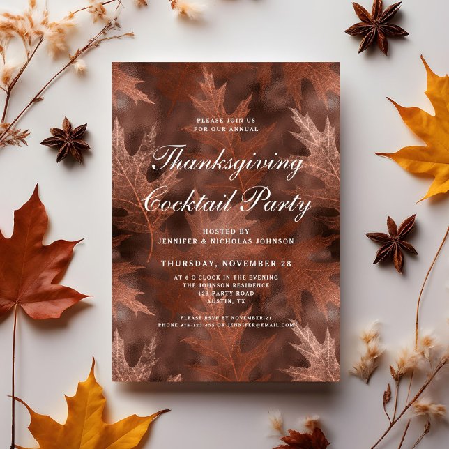 Convite Elegante Caiu Sai do Partido Cocktail de Ação de G (Elegant Fall Leaves Thanksgiving Cocktail Party Invitation)