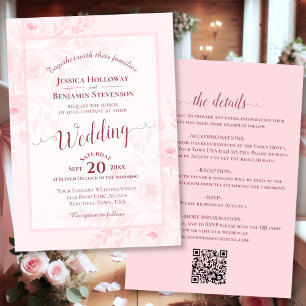 Convite Elegante Caligrafia Código QR de Peônias Rosa Casa