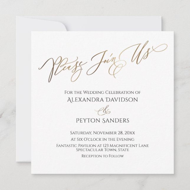 Convite Elegante Caligrafia Dourada "Venha Juntar-se a Nós (Frente)