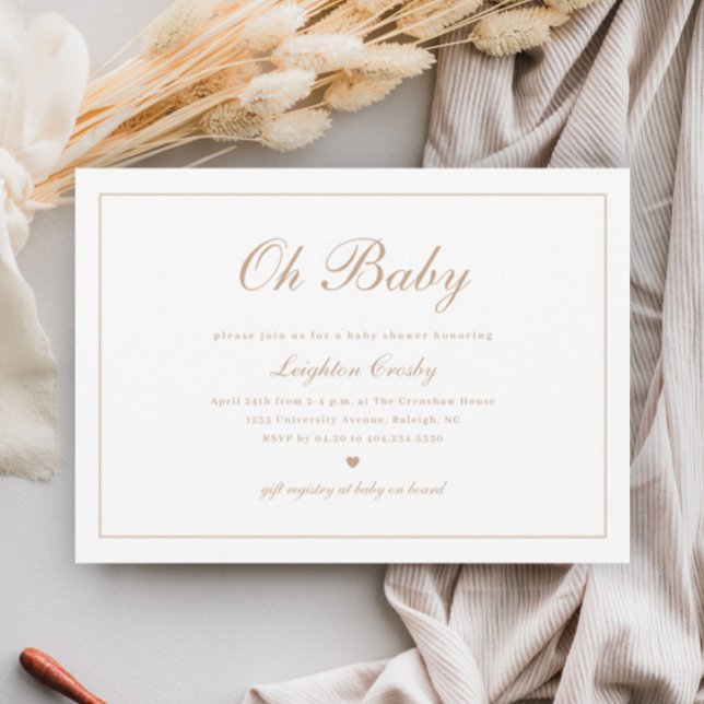 Convite Elegante Caligrafia Neutral Oh Chá de fraldas Bebê (Elegant Calligraphy Minimal Gender Neutral Oh Baby Baby Shower Invitation.)