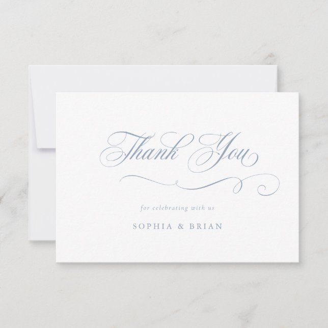 Convite Elegante Caligrafia Script Dusty Blue Obrigado (Frente)