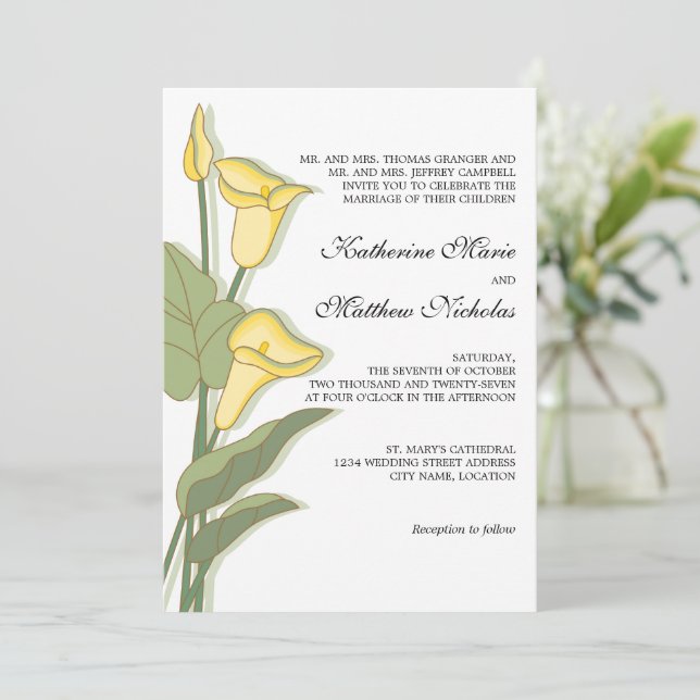 Convite Elegante Calla Lily em Casamento Amarelo (Em pé/Frente)