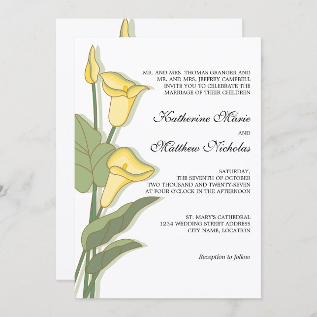 Convite Elegante Calla Lily em Casamento Amarelo (Frente/Verso)