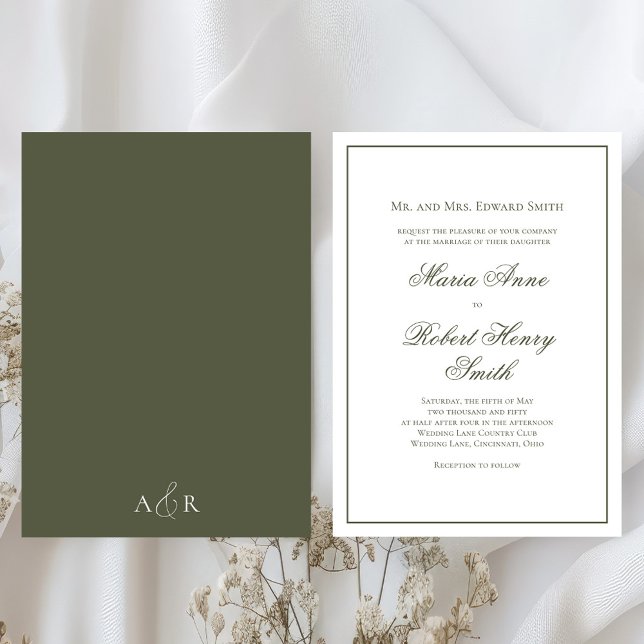 Convite Elegante Calliografia Roteiro Verde (Elegant simple green wedding invitations. )
