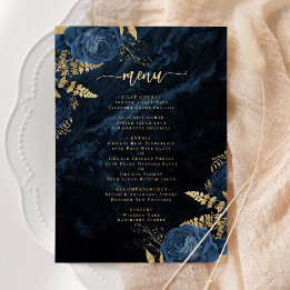 Convite Elegante Cardápio de Casamento Floral Azul Naval D