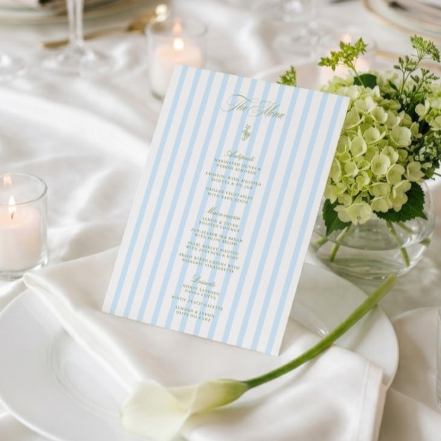 Convite Elegante Cardápio de Casamento Listrado de Verde e (Modern Sage Green & Blue Stripes Wedding Menu)
