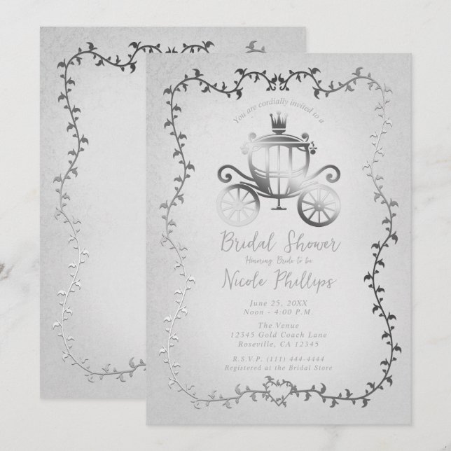 Convite Elegante Carruagem de Prata Conto de Casamento  (Frente/Verso)