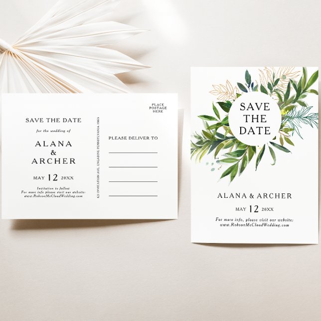 Convite Elegante Cartão Postal de Save The Date com Folhag (Criador carregado)