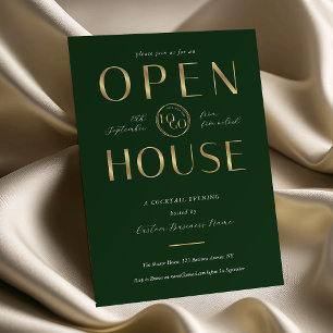 Convite Elegante Casa Aberta de Negócios Verde e Dourado L