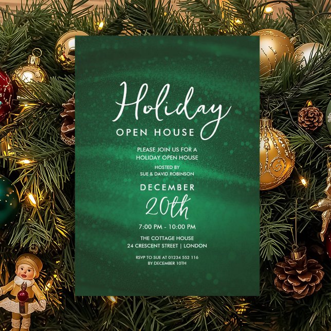 Convite Elegante Casa de Férias Open House Verde Brilho Gl (Elegant Holiday Open House Green Sparkle Glam Invitation)