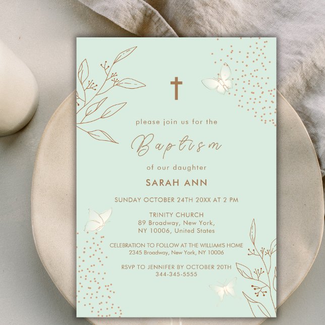 Convite Elegante Casa Dourada Deixa Borboleta Cruzando Bat (Elegant Mint Gold Leave Butterfly Cross Baptism Invitation)