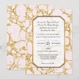 Convite Elegante Casado Marbled Papel Rosa Dourado