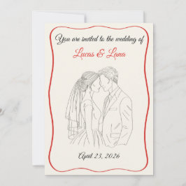 Convite Elegante Casal de Noivos com Linha de Arte Vermelh