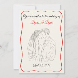 Convite Elegante Casal de Noivos com Linha de Arte Vermelh