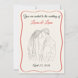 Convite Elegante Casal de Noivos com Linha de Arte Vermelh