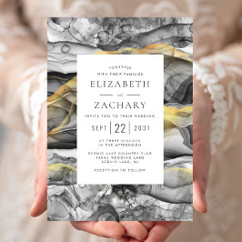 Convite Elegante Casamento Abstrato Preto Cinza Dourado