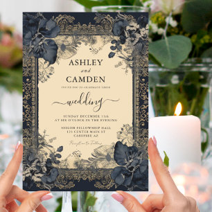 Convite Elegante Casamento Azul Escuro Dourado Vitoriano