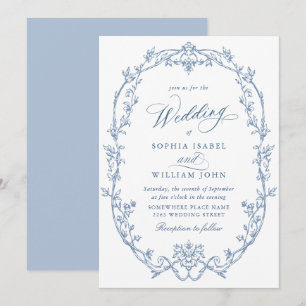 Convite Elegante Casamento Azul Poeirento Floral Vitoriano