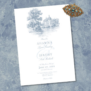 Convite Elegante Casamento Azul Poeirento Toile Manor Fran