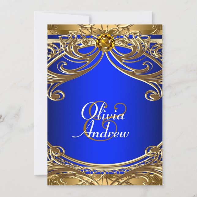 Convite Elegante Casamento Azul Real e Dourado (Frente)