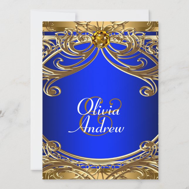 Convite Elegante Casamento Azul Real e Dourado (Frente)