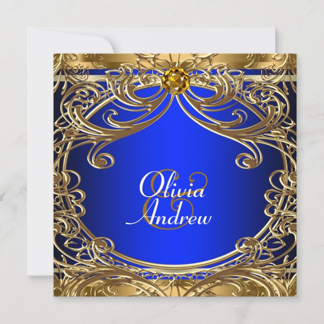 Convite Elegante Casamento Azul Real e Dourado (Frente)
