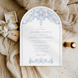 Convite Elegante Casamento Azul Rococó Vintage