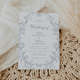 Convite Elegante Casamento Azul Vintage Vitoriano