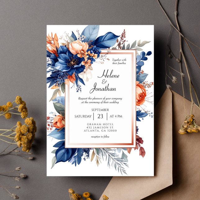 Convite Elegante Casamento Boho Floral em Azul Naval Terra (Elegant Navy Blue Terracotta Floral Boho Wedding Invitation)