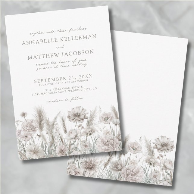 Convite Elegante Casamento Botânico Branco Floral Boho (Elegant Botanical Pampas Floral Boho Wedding Invitation)