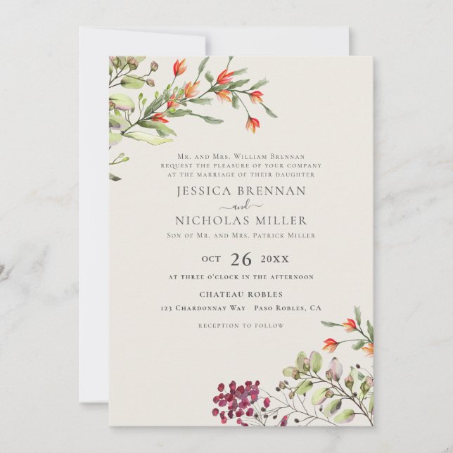 Convite Elegante Casamento Botânico de Prado de Flores Sil (Frente)