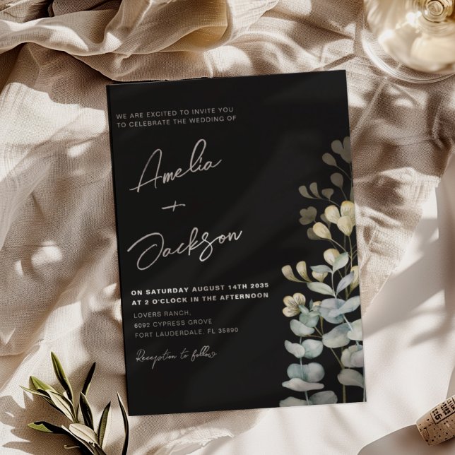 Convite Elegante Casamento Botânico Preto e Branco (Criador carregado)
